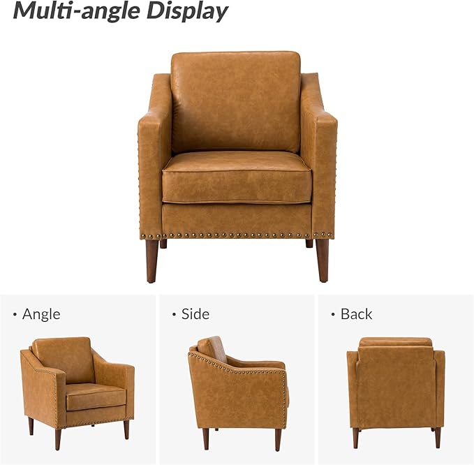 HULALA HOME Faux Leather Accent Armchair with Back & Seat Cushions, Traditional Club Chair with Nailhead Trim, Comfy Upholstered Sofa Chair for Bedroom Living Room, Camel