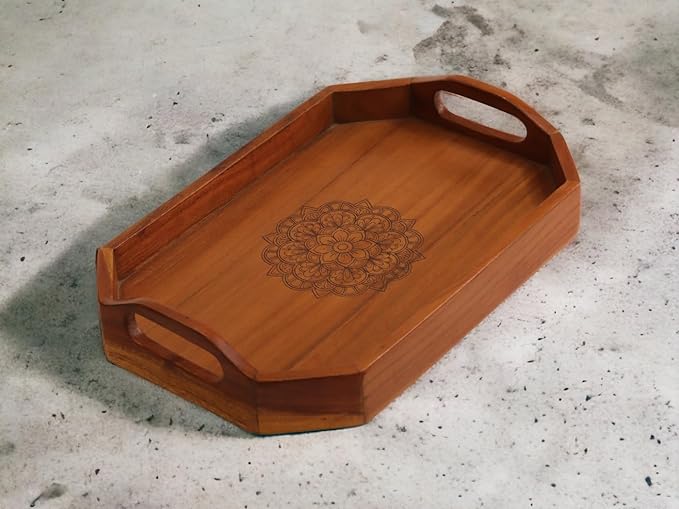 Vesta Homes Large Wooden Serving Tray for Home, Kitchen, Breakfast, Restaurant, Office Organizer, Dining Table | Premium Acacia Wood |15 * 10 * 3 Inches | Handcrafted in India