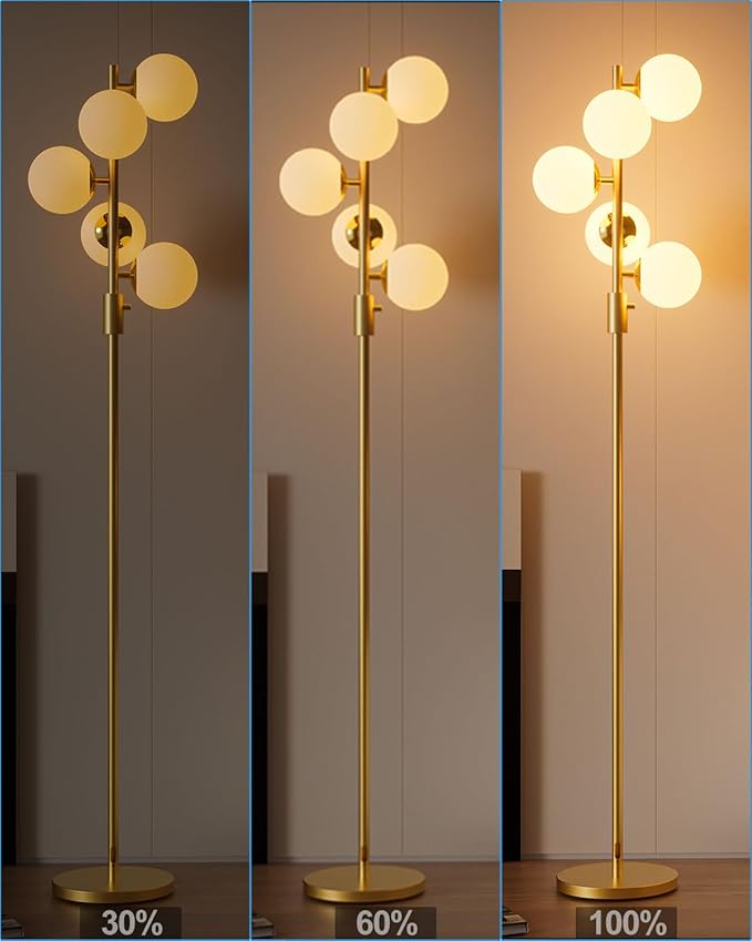Lightdot Dimmable Globe Floor Lamp Mid Century Modern Floor Lamp with 5Pcs 3000K G9 Bulbs Stepless Brightness Adjustable Gold Standing Lamps with Stable Base for Living Room Bedroom Office