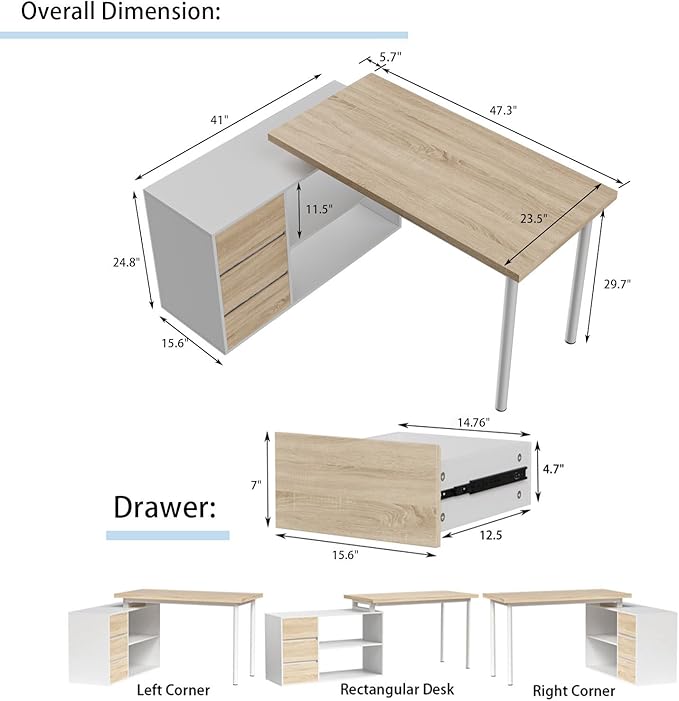 L Shape Computer Desk with 3 Drawers and 2 Shelves, Home Office Desk Corner Small Desk with Storage Cabinet for Writing Study Executive – Walnut and White