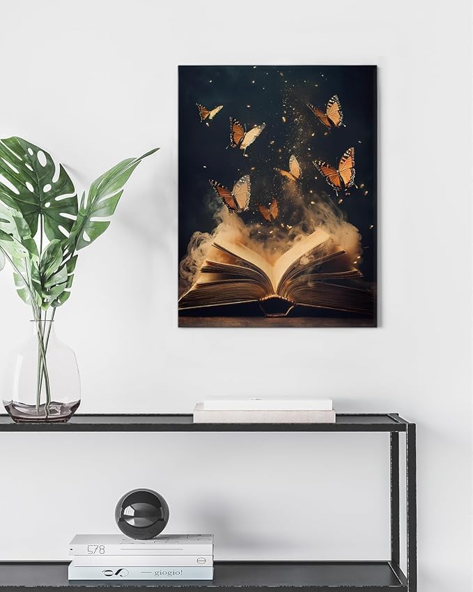 Aesthetic Book Butterflies Wall Art Decor Vintage Dark Academia Canvas Print Poster Framed Picture Painting for Home Reading Corner Library Decor 11x15 Inch, Gifts for Book Lovers Bookworms