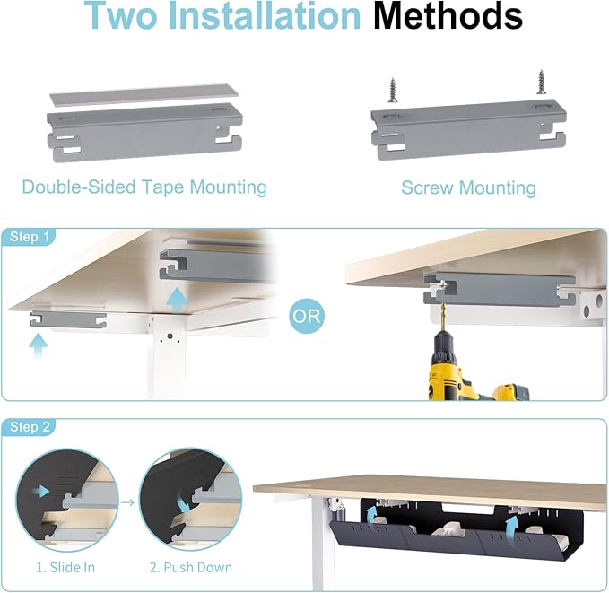 Upgraded 31.5" No Drill Under Desk Cable Management Tray, Felt Cord Organizer for Table, Cord Management Tray with Adhesive/Screw Mount, Wire Organizer for Office Home Workspace Desk