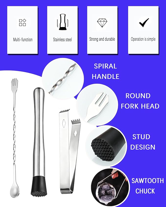 Muddler for Cocktails, Bar Tool Kit with Muddler,3 Long Handle Bar Cocktail Mixing Spoon and 1 Tong Food Ice Sugar Tong Stainless Steel Stirrer, Bar Accessories Tools for Mojitos Fruit Drinks