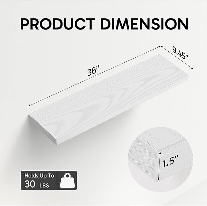 BAYKA Floating Shelves, 36 inch Wall Mounted Rustic Wood Shelves for Bathroom, Bedroom, Living Room, Kitchen, Office, Hanging Shelf for Books/Storage/Decor(White,Set of 2)
