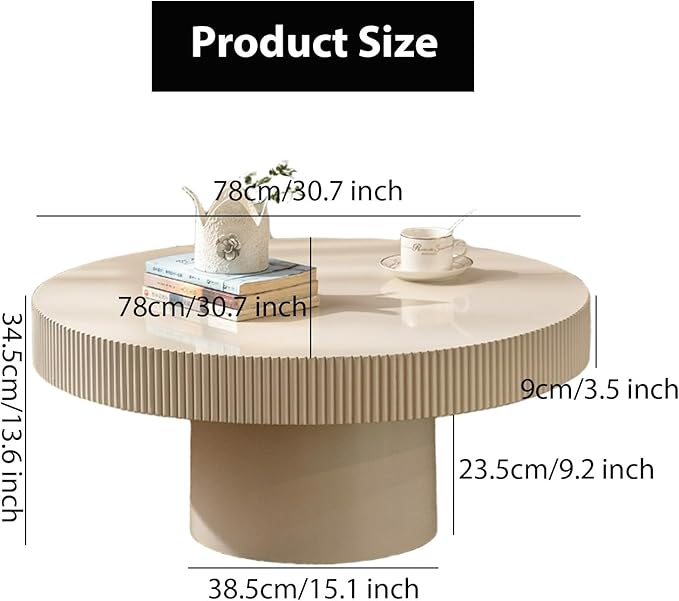 Round Fluted Coffee Table Mid Century Modern Coffee Tables with Handcrafted Relief Circle Drum End Table Rustic Industrial Center Tables for Apartment Living Room (White Round Thin)