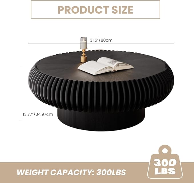 Fluted Drum Coffee Table Round Coffee Table for Living Room Mid Century Modern Coffee Tables with Sturdy Pedestal Circle Center Tea Table Accent Tea Table for Small Space Apartment (31.5" Black)