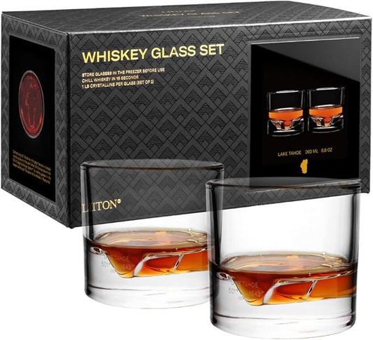 LIITON Lake Tahoe Heavy Crystal Whiskey Glasses Gift Set of 2, Thick Freezable Bourbon Glass 1lb Each, Premium Whiskey Gifts for Men, Frozen Crystal Chills Cocktails, 10 oz