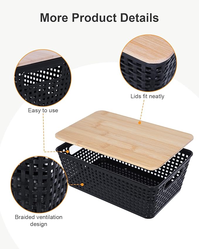 Storage Bins with Lids 6 Packs, Plastic Storage Bins with Bamboo Lids for Pantry Organization and Storage Containers for Shelves Drawers Desktop Closet Office Home, Black