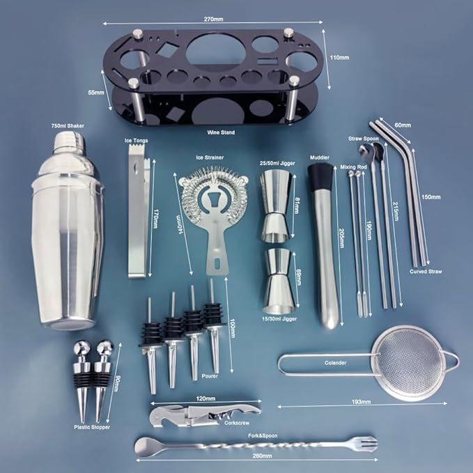Cocktail Shaker Set, 24oz Cocktail Shaker 21-Piece Stainless Steel Bar Tools Bartending Kit with Black Acrylic Stand Cocktail Recipes Booklet for Drink Mixing, Home, Bar, Party
