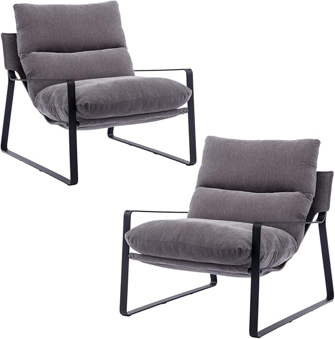 HEAH-YO Modern Accent Chairs Set of 2, Linen Fabric Living Room Chairs with Removable Cushion and Solid Metal Frame, Comfy Reading Chairs for Bedroom, Grey