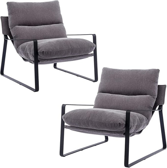 HEAH-YO Modern Accent Chairs Set of 2, Linen Fabric Living Room Chairs with Removable Cushion and Solid Metal Frame, Comfy Reading Chairs for Bedroom, Grey