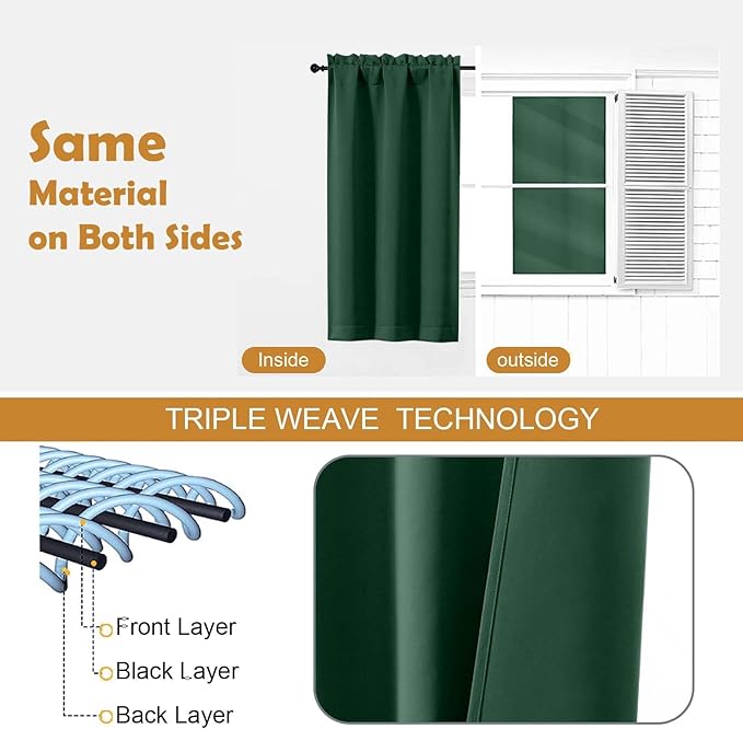 Aiyufeng Ever Green Short 36 Inches Blackout Curtain 2 Panels Set, Half Window Rod Pocket Privacy Curtain Tiers for Kitchen, Curtains Blackout for Bathroom Shades, W40 x L36 Inch, Ever Green