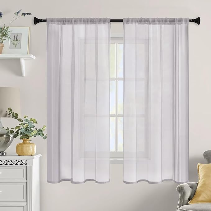 Sheer Curtains 45 Inches Long 2 Panels, Rod Pocket Short Curtain for Kitchen, Bedroom, Cafe Window(Light Grey 38" W x 45" L)