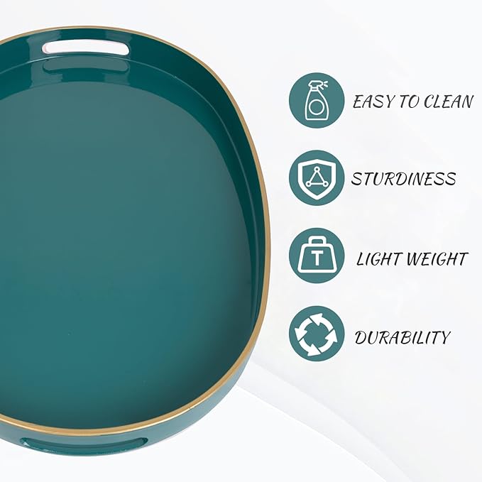 MAONAME Green Decorative Tray, Oval Serving Tray with Handles, Plastic Trays for Coffee Table, Ottoman Trays for Living Room, Bathroom, 15.6" X 10.6" X 1.4"