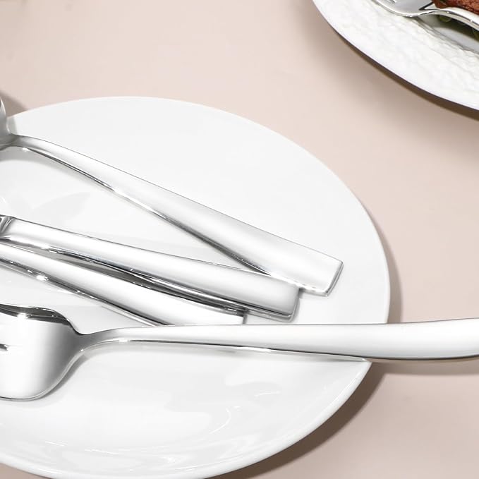 Lazycorner 53 Piece Silverware Set wiith Steak Knives and Serving Utensils 304 Stainless Steel Flatware Set Mirror Polished Eating Utensils Sets Silverwear Cutlery Set, Dishwasher Safe