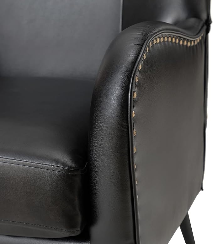 HULALA Home Faux Leather Accent Chair Set of 2 w/Removable Cushion, Comfy Upholstered Armchair with Metal Legs & Nailhead Trim Wingback Vanity Chair Desk Chair for Reading Living Room Bedroom, Black