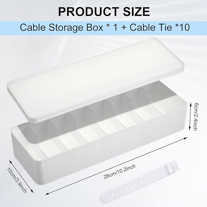 Tatuo 1 Pcs Cable Organizer Box with Wire Ties, Plastic Cord Storage Box with Lid, Electronics Organizer for Home Office Desk Organizers and Accessories (10.79'' X 3.78'' X 1.97'',White)