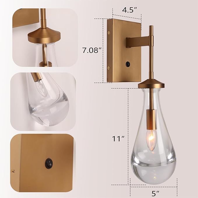 HuisMier Raindrop Wall Sconces, Brushed Brass Glass Wall Sconce with On Off Switch, Modern Wall Light Fixtures Bathroom Wall Lamp for Bedroom Living Room Vanity Hallway