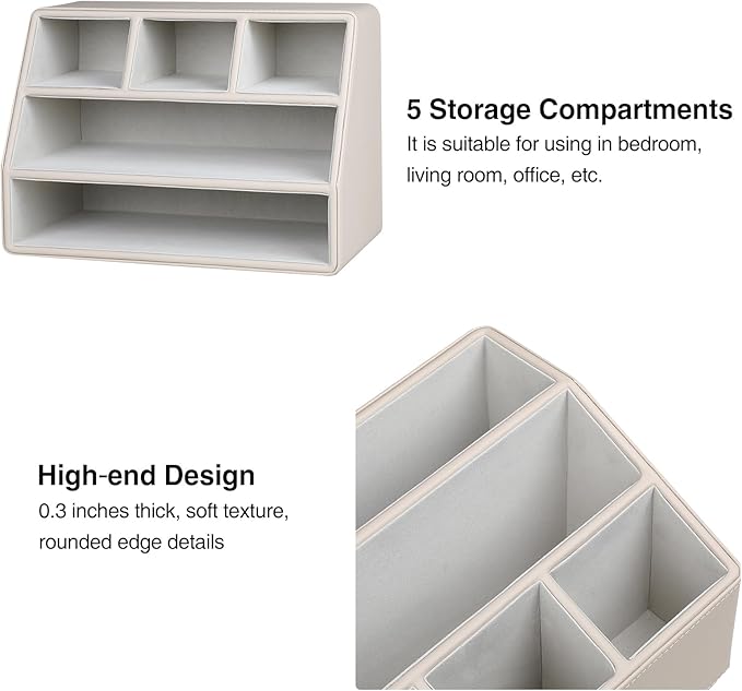 PU Leather Desk Organizer, Luxury Remote Control Holder for Home, Office Desk Accessories Table Caddy Bedside Nightstand Organizer (Dark Beige)