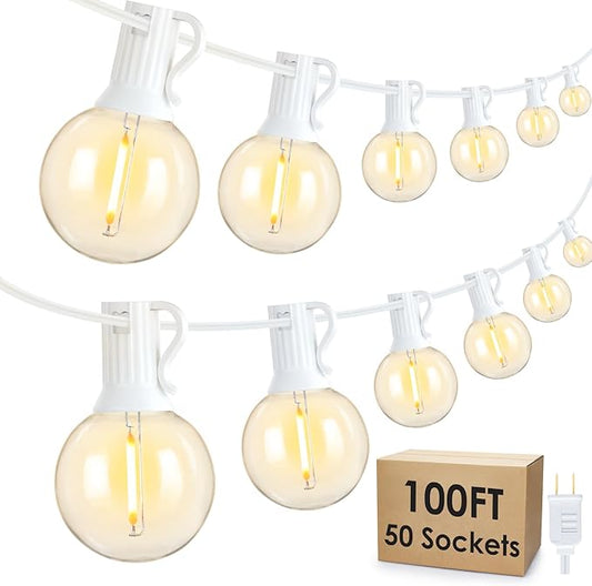 Mlambert 100Ft LED Outdoor String Lights, Dimmable Waterproof G40 Globe Patio Lights with 50+3 2700K Shatterproof Bulbs for Cafe Bistro-White Cord