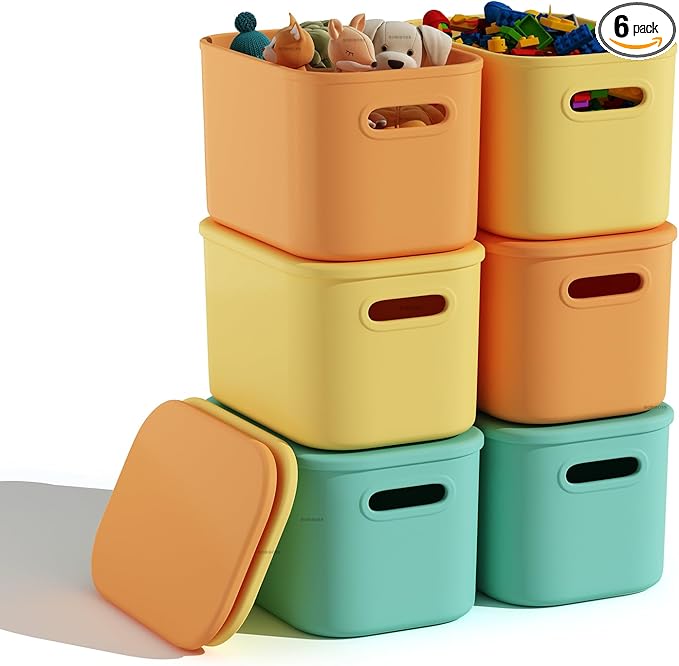 6 Pack Colorful Storage Bins with Lids for Shelves, Classroom Storage Bins, Stackable Colored Bins, Plastic Storage Containers with Lids for Organizing, Storage Boxes for Craft, Art Supplies