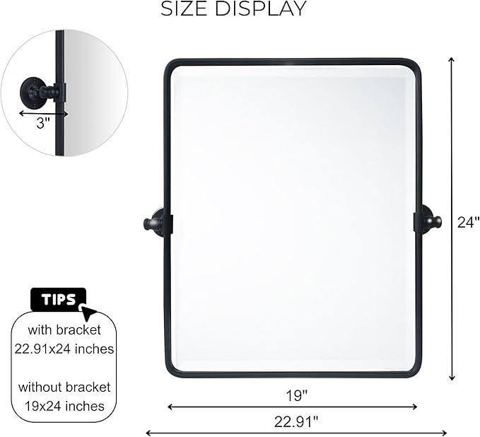 Farmhouse Black Metal Framed Pivot Rectangle Bathroom Mirror Rounded Rectangluar Tilting Beveled Vanity Mirrors for Wall, Overall 22.91 x 24 inches (Mirrror 19 x 24 inches)