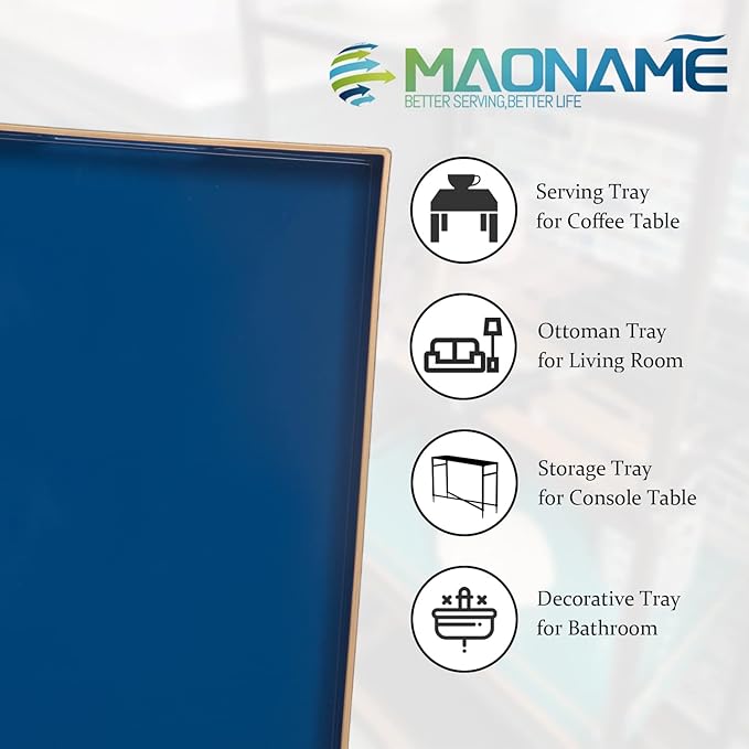 MAONAME Royal Blue Serving Tray with Handles, Rectangular Decorative Tray, Modern Coffee Table Trays, Plastic Ottoman Trays for Bathroom, Decor, 15.7” x 11.8” x 1.57"