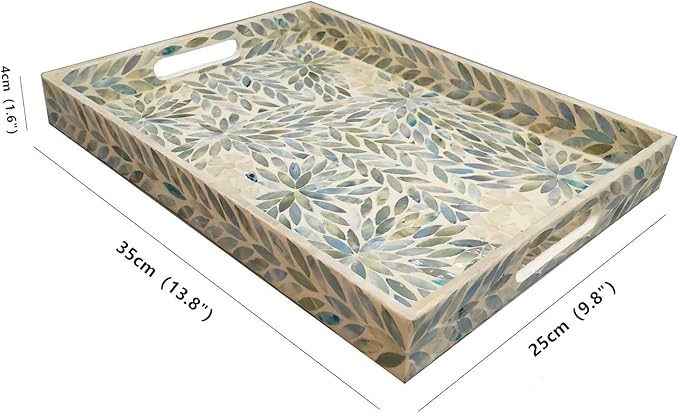 I-lan Creative Rectangular Mother of Pearl Shell Severing Tray Lacquer Wooden Decorative Tray Handmade Shell Serving Tray (35cm)
