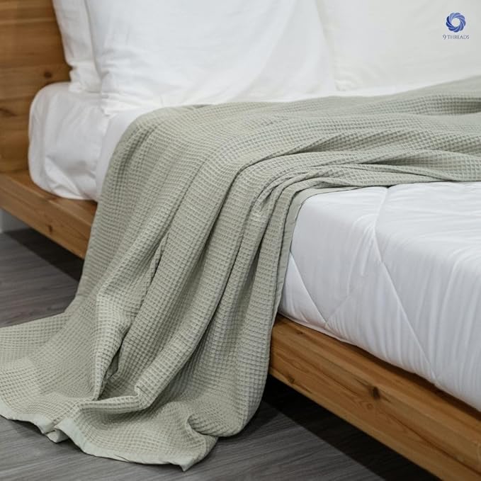 GOTS Certified Organic Cotton Waffle Weave Blanket, King Bed Size,108"X90" Cozy Throw Blanket for Couch, Modern Home Decor, Throw Blankets,Comfy Waffle Blanket Soft Bed Blankets -Sea Foam