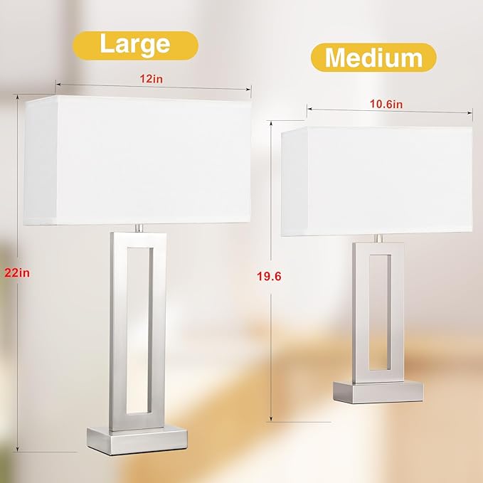 Seealle 22" Tall Bedroom Lamps for Living Room - Touch Brushed Nickel Bedside Lamps with USB C+A, 3 Way Dimmable Lamp for Nightstand, Modern Night Stands Lamps for End Tables(White&Silver)