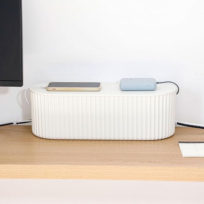 White Cable Management Box, Plastic Cable Box Organizer with Lid for Wire, Power Strip, Surge Protector, Extension Cords Hider Cover Under Home Office Desk and Floor (Large)