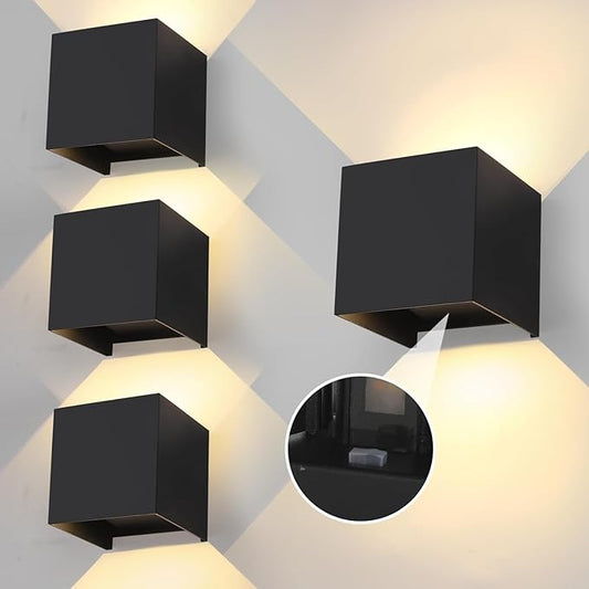 20W Outdoor Wall Light & Indoor Wall Sconces,Matte Black Square Wall Sconce,3-Color-Temperature Adjustable and Adjustable Beam,Waterproof & Rust-Resistant,4.72-Inch,Wall Lamp for Porch Garage(4 Pack)