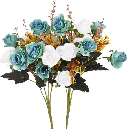 Artificial Flowers,2 Packs of Artificial Roses.24 Little Rose Silk Flowers. Plastic Flowers,Plants for Home Hotel Wedding Christmas Tables Decorations. Peacock Green