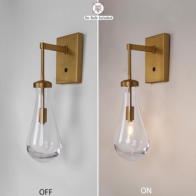 HuisMier Brass Raindrop Wall Sconces, Indoor Wall Sconces with On/Off Switch, Modern Clear Glass Wall Lamp Vanity Light Fixtures for Bathroom Bedroom Living Room Hallway, Hardwired