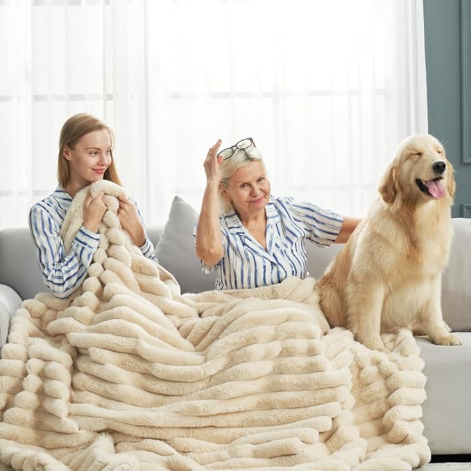 Cozy Bliss Faux Fur Throw Blanket for Couch, Cozy Warm Plush Striped Blanket for Sofa Bedroom Living Room, 60 * 80 Inches Beige