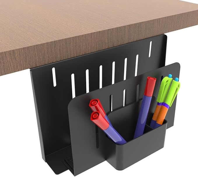 JINGCHENGMEI Desk Side Storage Organizer, Steel Under Desk Laptop Mount, Depth Adjustable Hanging File Organizer, Drilling Laptop Storage Holder with Magnetic Pen Holder for Office or Home