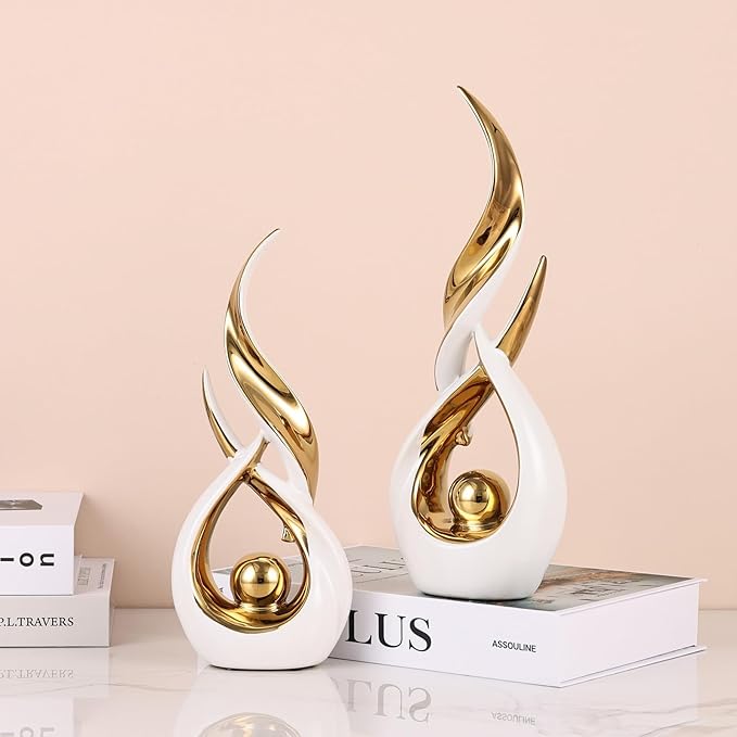 2 PCS White Gold Ceramic Statues For Home Decor Accents, Modern Abstract Art Sculptures, Elegant Tabletop Decorative Objects For Dining Room, Entryway, Tv Stand, Mantel, Coffee Table Centerpieces