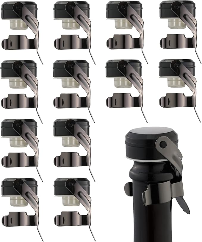 WOTOR Champagne&Wine Bottle Stoppers Stainless Steel with Food Grade Silicone, Leak Proof Keep Fresh Reusable Saver, Cork Suitable for Wine, Champagne, Cava, Prosecco and Sparkling (12 Pack Black）