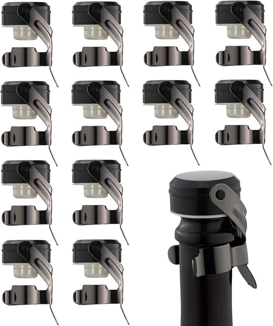 WOTOR Champagne&Wine Bottle Stoppers Stainless Steel with Food Grade Silicone, Leak Proof Keep Fresh Reusable Saver, Cork Suitable for Wine, Champagne, Cava, Prosecco and Sparkling (12 Pack Black）
