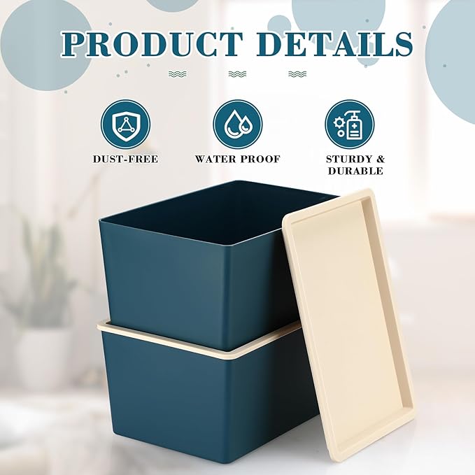 Menkxi 4 Pcs Storage Bins with Lids Plastic Containers Stackable Storage Box Baskets for Organizing Shelves(Blue,Large)