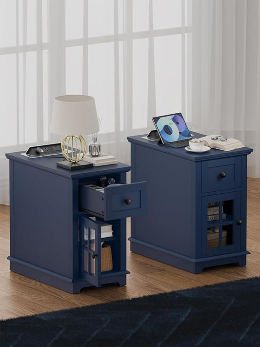 HIFYOBRO Narrow End Table with Flip Top Charging Station Set of 2, Storage Side Table with Drawer and Cabinet, Type-C & USB Port & Power outlets, Wooden Storage Cabinet for Bedroom/Living Room