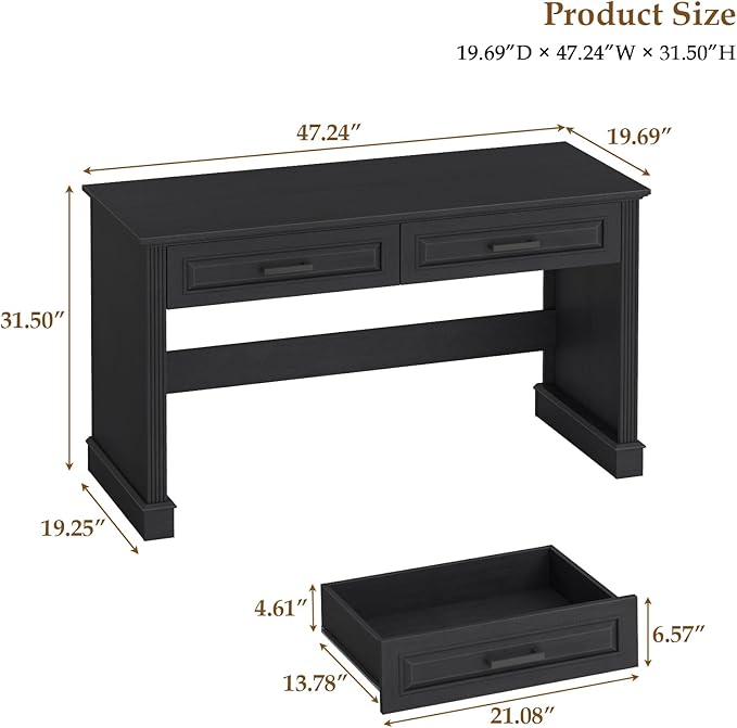 Farmhouse Executive Desk, 48 Inch Computer Desk with 2 Drawers, Simple Home Office Writing Desk Workstation for Bedroom Study Small Spaces, Black