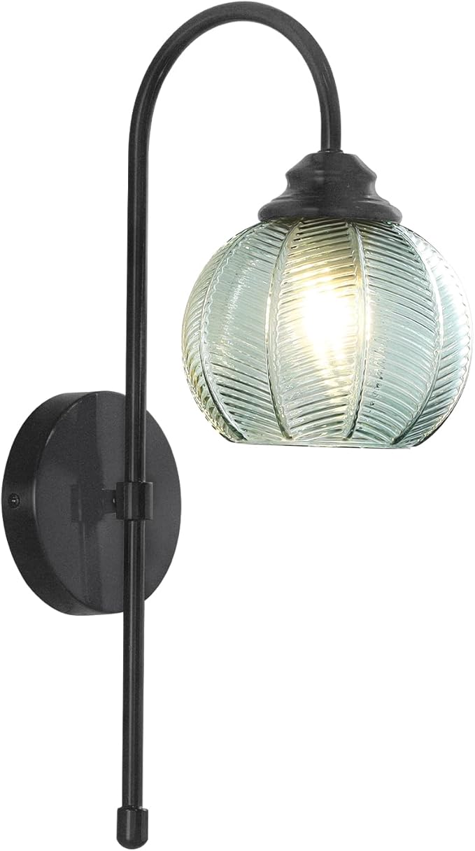 KCO Lighting Vintage Green Glass Wall Sconce Black Globe Sconce Mid Century Modern Long Wall Light Fixture for Living Room Bedroom Bathroom