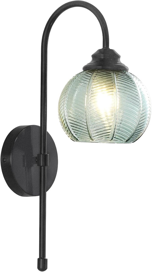 KCO Lighting Vintage Green Glass Wall Sconce Black Globe Sconce Mid Century Modern Long Wall Light Fixture for Living Room Bedroom Bathroom
