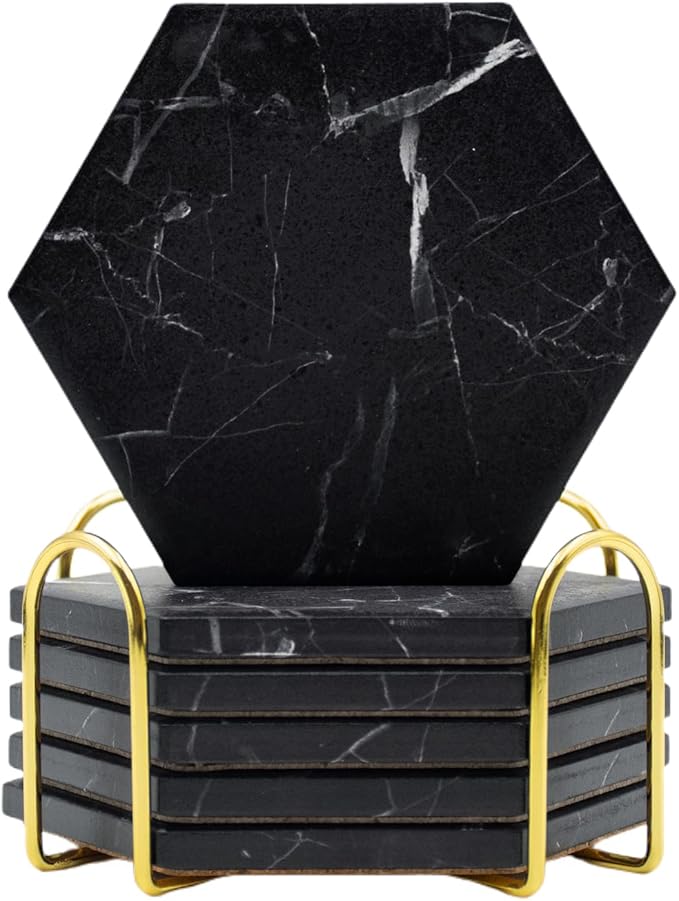 Absorbent Hexagon Black Marble Coasters for Drink with Gold Holder and Cork Base Set of 6 Decorative Tabletop Protection for Bar Kitchen Home and Dining Room