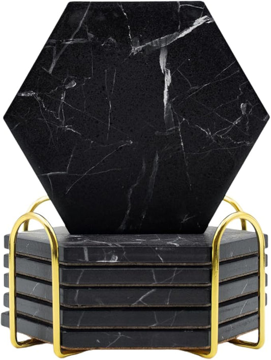 Absorbent Hexagon Black Marble Coasters for Drink with Gold Holder and Cork Base Set of 6 Decorative Tabletop Protection for Bar Kitchen Home and Dining Room