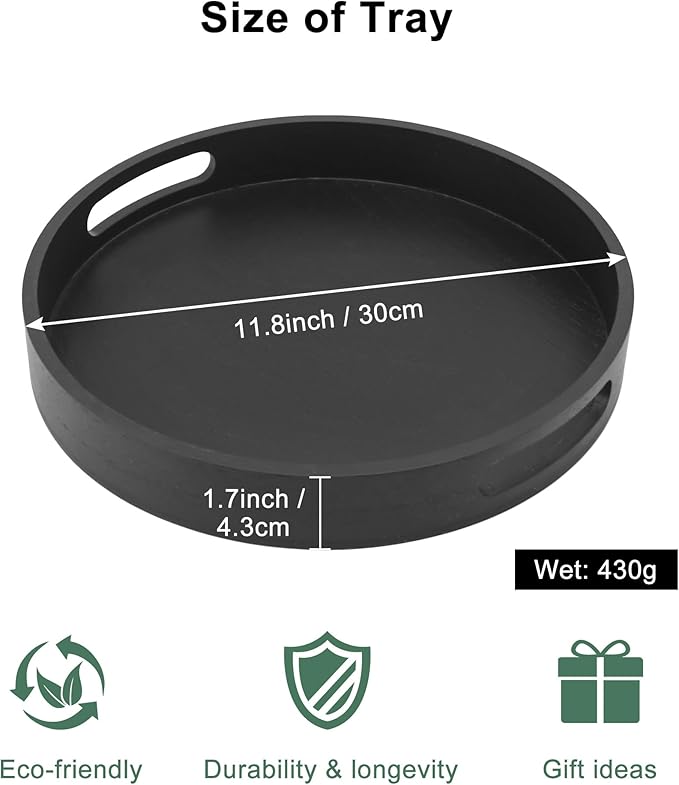 Round Decorative Tray,Wooden Serving Tray with Handles, 11.8in Black Decorative Trays for Coffee Table,Kitchen Counter,bandejas decorativas