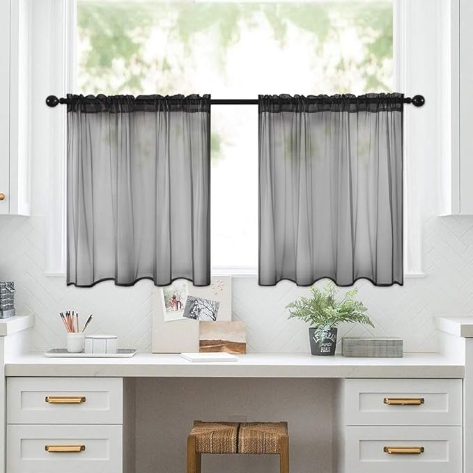 MIULEE 2 Panels Kitchen Tiers Half Window Sheer Halloween Curtains-Rod Pocket Voile Drapes for Kitchen Bathroom-Small Windows 29 by 24 Inch Black