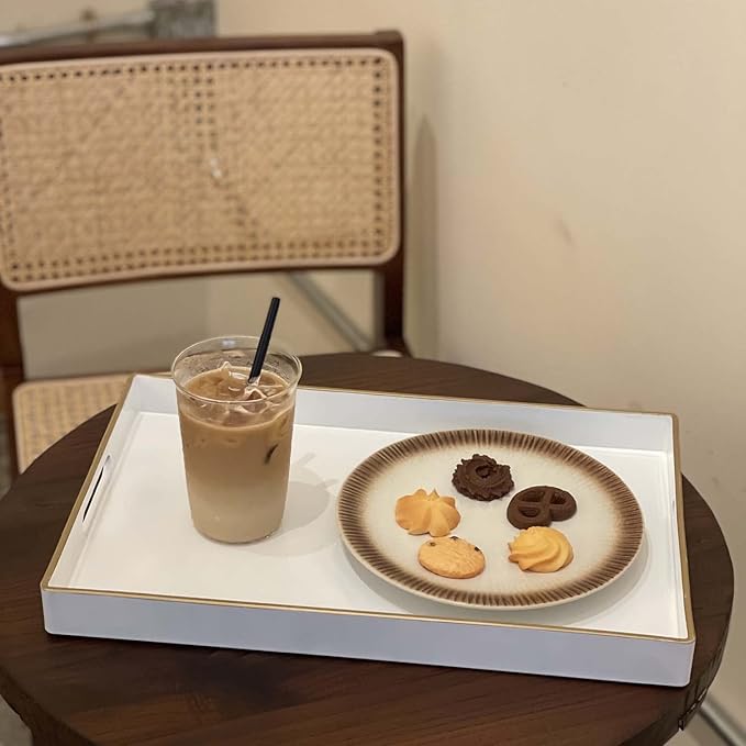 Zosenley Decorative Tray, Rectangular Plastic Tray with Handles, Modern Vanity Tray and Serving Tray for Bathroom, Kitchen, Ottoman and Coffee Table, 15.6” x 10.2” (White)