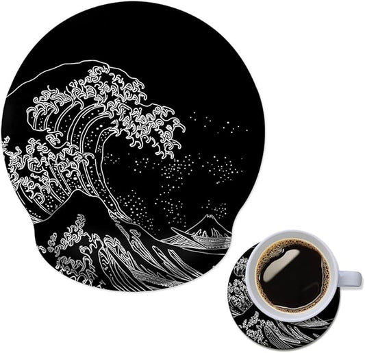 Mouse Pad with Wrist Support, Ergonomic Mouse Pad with Memory Foam Wrist Rest Cushion, Non-Slip Rubber Base Gaming Mice Pad for Home Office Computer Laptop,Japanese Wave